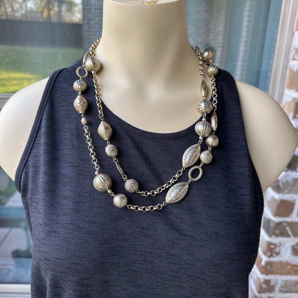 Vintage Necklace Etched Mixed Shape Bead Brass Tone Boho Ornate Chain 46" Length
